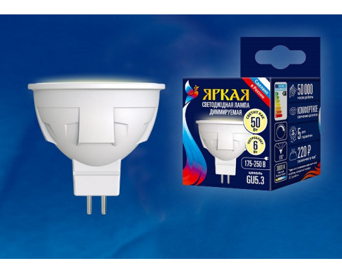 Лампа светодиодная Uniel Яркая Dim GU5.3 6Вт 3000K LED-JCDR 6W/WW/GU5.3/FR/DIM PLP01WH картон