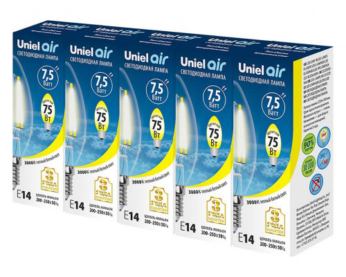 Набор из 5 ламп светодиодных Uniel GLA01TR E14 7.5Вт 3000K LED-C35-7,5W/WW/E14/CL GLA01TR