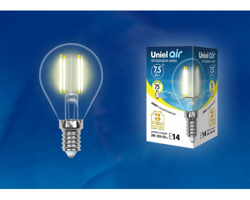 Лампа светодиодная Uniel Air E14 7.5Вт 3000K LED-G45-7,5W/WW/E14/CL GLA01TR картон
