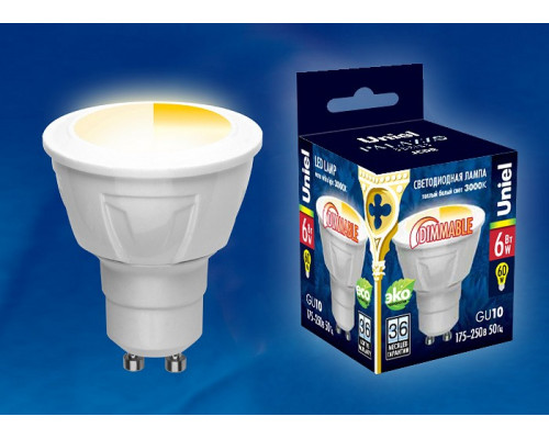 Лампа светодиодная Uniel Яркая Dim GU10 6Вт 3000K LED-JCDR 6W/WW/GU10/FR/DIM PLP01WH картон