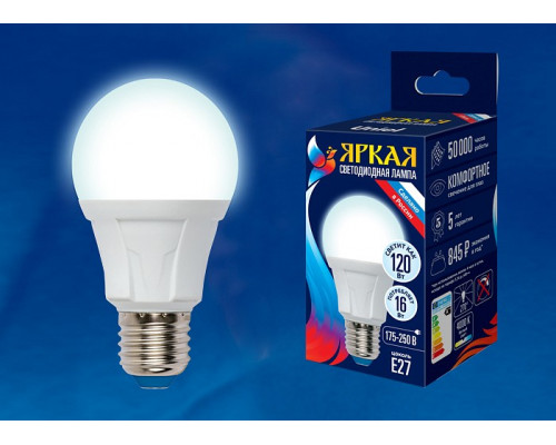 Лампа светодиодная Uniel Яркая E27 16Вт 4000K LED-A60 16W/4000K/E27/FR PLP01WH картон