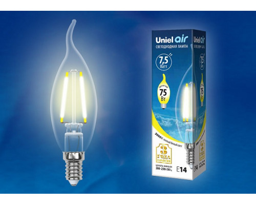 Лампа светодиодная Uniel Air E14 7.5Вт 3000K LED-CW35-7,5W/WW/E14/CL GLA01TR картон