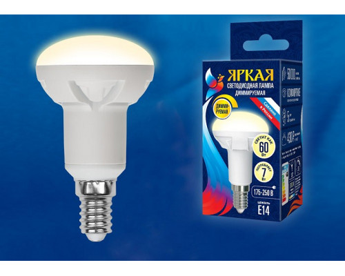 Лампа светодиодная Uniel Яркая Dim E14 7Вт 3000K LED-R50 7W/3000K/E14/FR/DIM PLP01WH картон